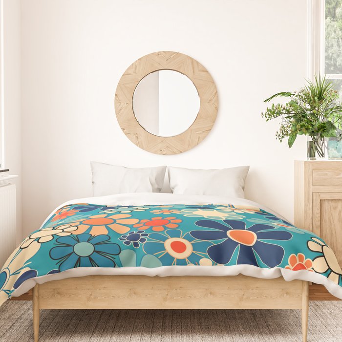 Groovy Retro Garden Flowers 60s 70s Floral Pattern in Blue and Orange Duvet Cover Gallery Image 3