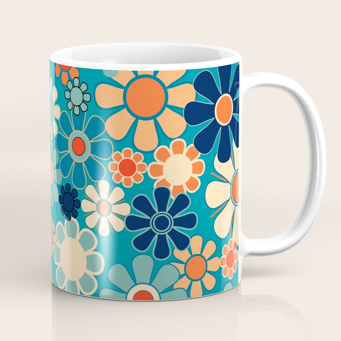 Groovy Retro Garden Flowers 60s 70s Floral Pattern in Blue and Orange Coffee Mug Gallery Image 1