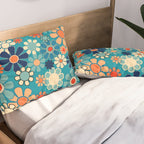 Groovy Retro Garden Flowers 60s 70s Floral Pattern in Blue and Orange Pillow Sham Gallery Image 2