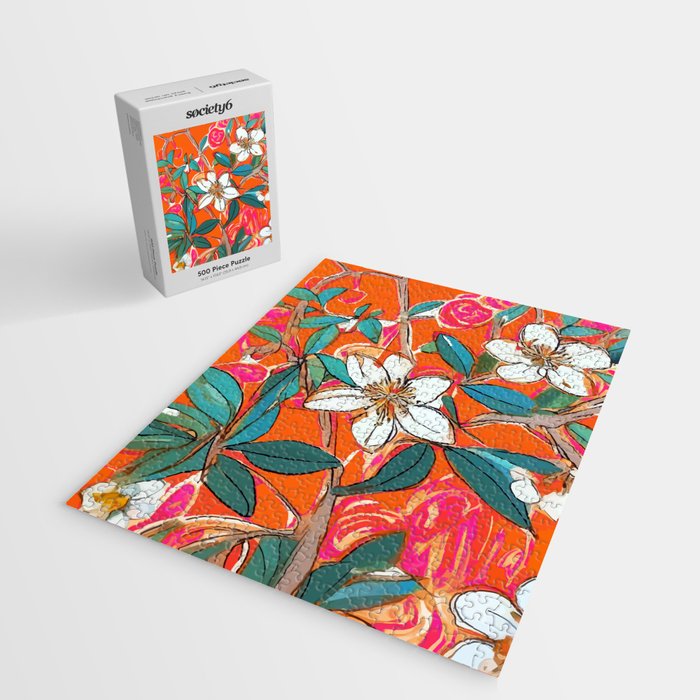 Orange Blossom Forest, Tropical Vintage Botanical Floral, Plants Garden Flowers Bloom Bohemian Colorful Vibrant Bright Boho Jigsaw Puzzle Gallery Image 2