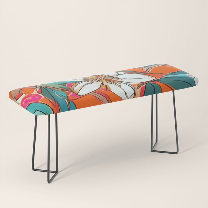 Orange Blossom Forest, Tropical Vintage Botanical Floral, Plants Garden Flowers Bloom Bohemian Colorful Vibrant Bright Boho Bench Gallery Image 1