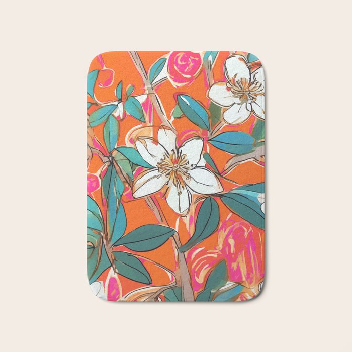 Orange Blossom Forest, Tropical Vintage Botanical Floral, Plants Garden Flowers Bloom Bohemian Colorful Vibrant Bright Boho Bath Mat Gallery Image 1