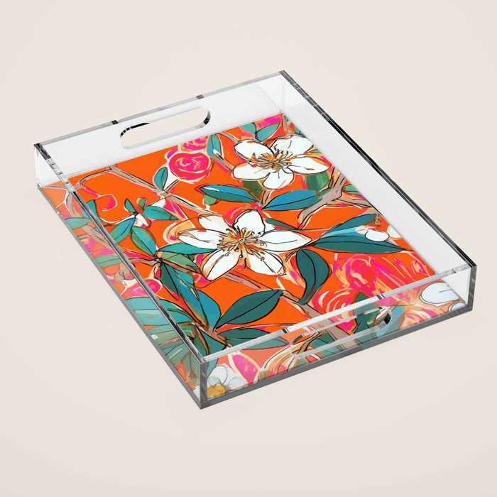 Orange Blossom Forest, Tropical Vintage Botanical Floral, Plants Garden Flowers Bloom Bohemian Colorful Vibrant Bright Boho Acrylic Tray Gallery Image 1