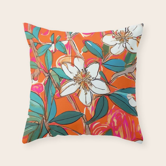 Orange Blossom Forest, Tropical Vintage Botanical Floral, Plants Garden Flowers Bloom Bohemian Colorful Vibrant Bright Boho Throw Pillow Gallery Image 6
