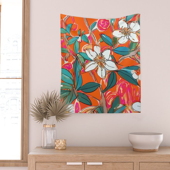 Orange Blossom Forest, Tropical Vintage Botanical Floral, Plants Garden Flowers Bloom Bohemian Colorful Vibrant Bright Boho Wall Tapestry Gallery Image 2