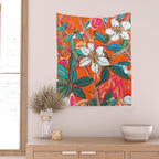 Orange Blossom Forest, Tropical Vintage Botanical Floral, Plants Garden Flowers Bloom Bohemian Colorful Vibrant Bright Boho Wall Tapestry Gallery Image 2