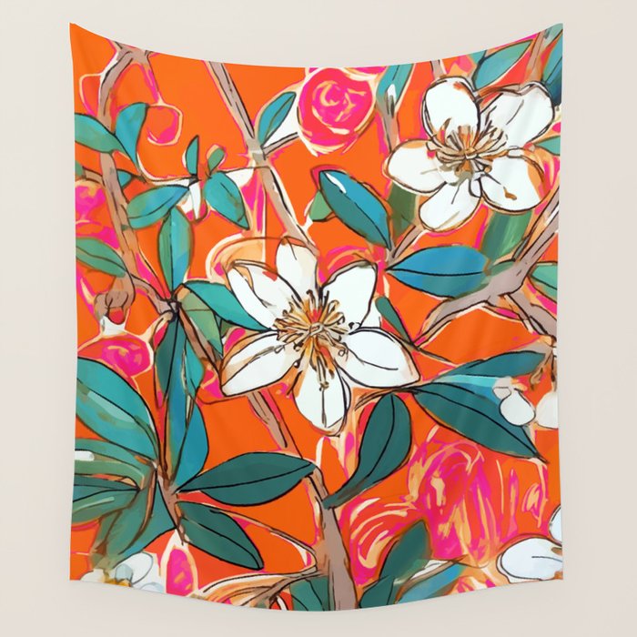 Orange Blossom Forest, Tropical Vintage Botanical Floral, Plants Garden Flowers Bloom Bohemian Colorful Vibrant Bright Boho Wall Tapestry Gallery Image 1