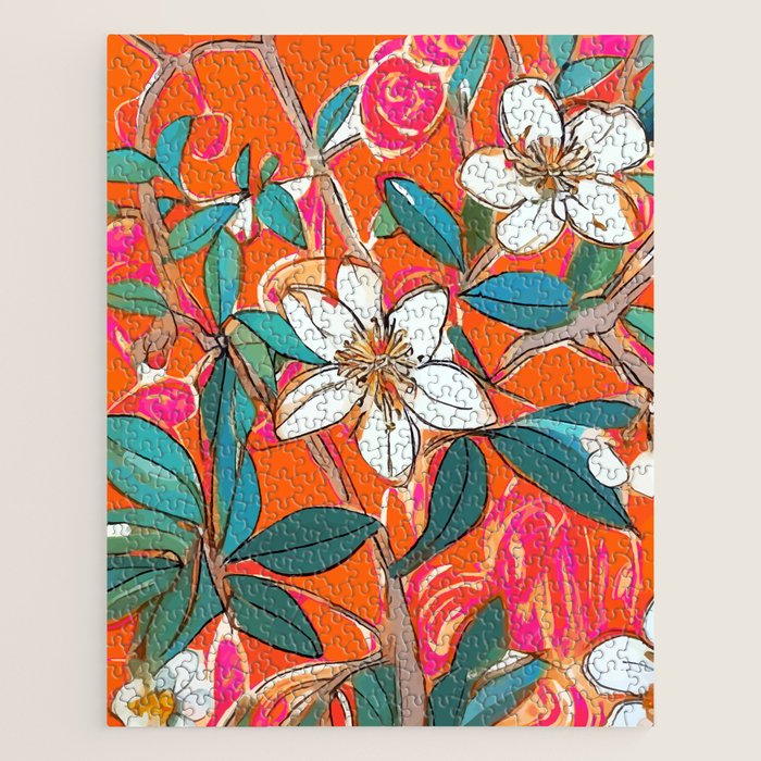 Orange Blossom Forest, Tropical Vintage Botanical Floral, Plants Garden Flowers Bloom Bohemian Colorful Vibrant Bright Boho Jigsaw Puzzle Gallery Image 1