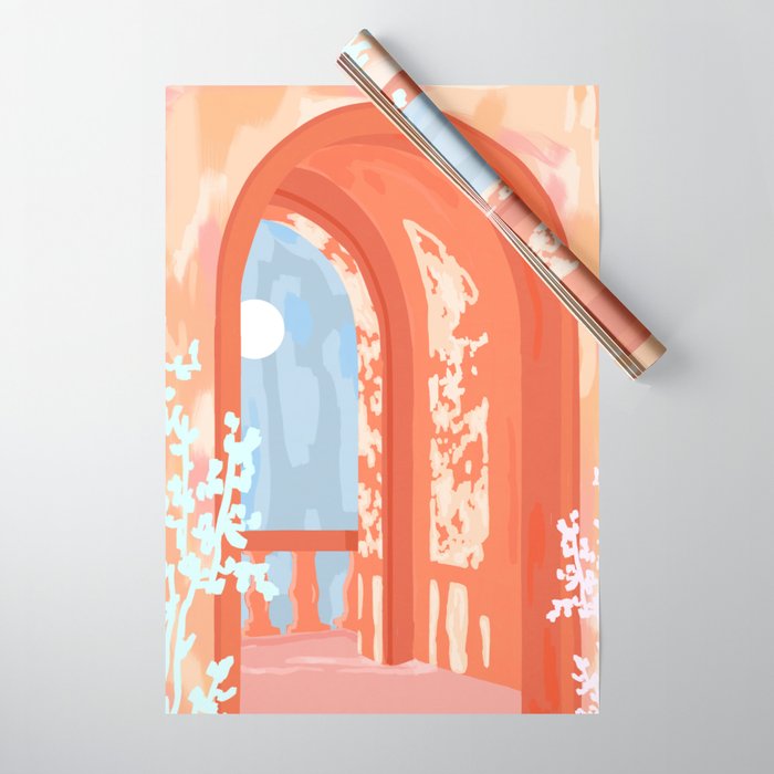 Moonlit, Summer Day Home Decor, Architecture Indoor Building Interior Design, Full Moon Bohemian Eclectic Bright, Mindful Spiritual Joy Painting Wrapping Paper Gallery Image 1