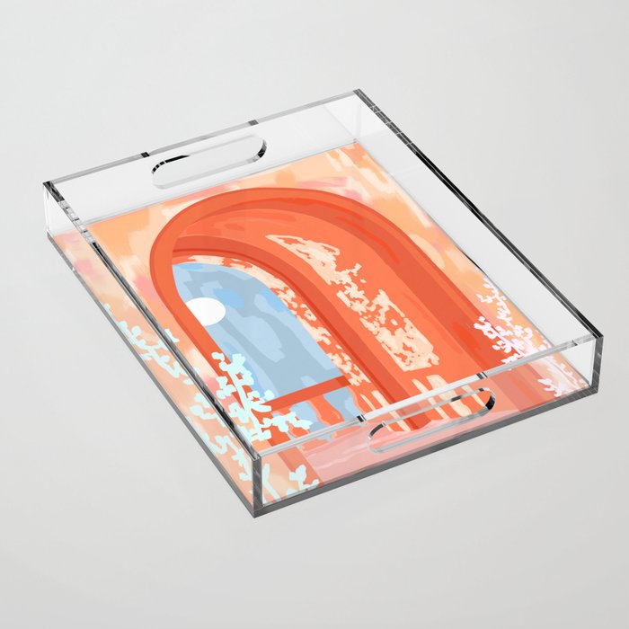 Moonlit, Summer Day Home Decor, Architecture Indoor Building Interior Design, Full Moon Bohemian Eclectic Bright, Mindful Spiritual Joy Painting Acrylic Tray Gallery Image 1