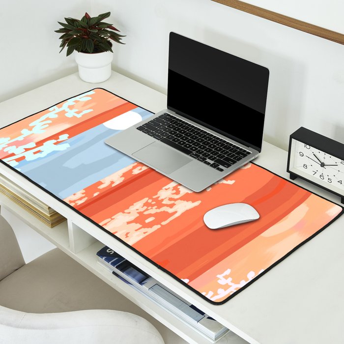Moonlit, Summer Day Home Decor, Architecture Indoor Building Interior Design, Full Moon Bohemian Eclectic Bright, Mindful Spiritual Joy Painting Desk Mat Gallery Image 2