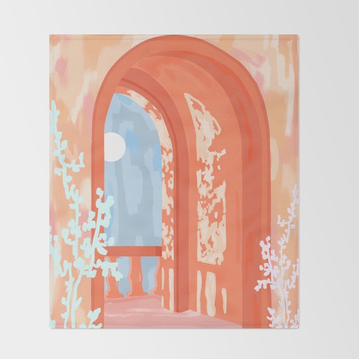 Moonlit, Summer Day Home Decor, Architecture Indoor Building Interior Design, Full Moon Bohemian Eclectic Bright, Mindful Spiritual Joy Painting Throw Blanket Gallery Image 2