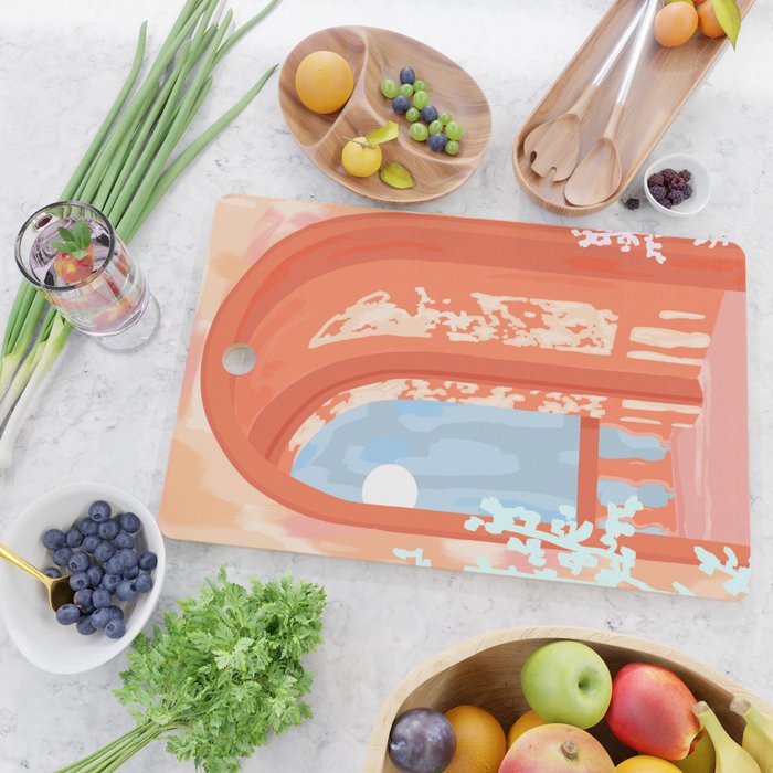 Moonlit, Summer Day Home Decor, Architecture Indoor Building Interior Design, Full Moon Bohemian Eclectic Bright, Mindful Spiritual Joy Painting Cutting Board Gallery Image 2