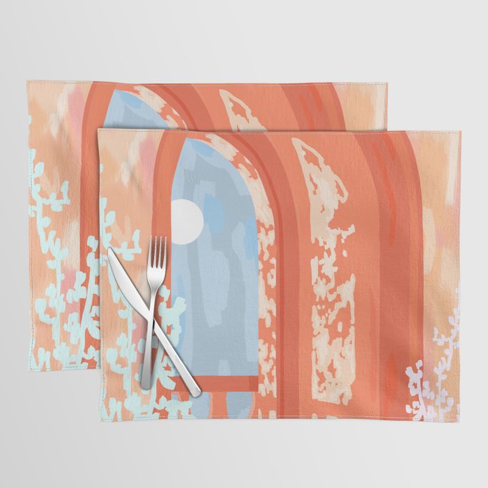 Moonlit, Summer Day Home Decor, Architecture Indoor Building Interior Design, Full Moon Bohemian Eclectic Bright, Mindful Spiritual Joy Painting Placemat Gallery Image 1
