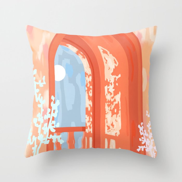 Moonlit, Summer Day Home Decor, Architecture Indoor Building Interior Design, Full Moon Bohemian Eclectic Bright, Mindful Spiritual Joy Painting Throw Pillow Gallery Image 1
