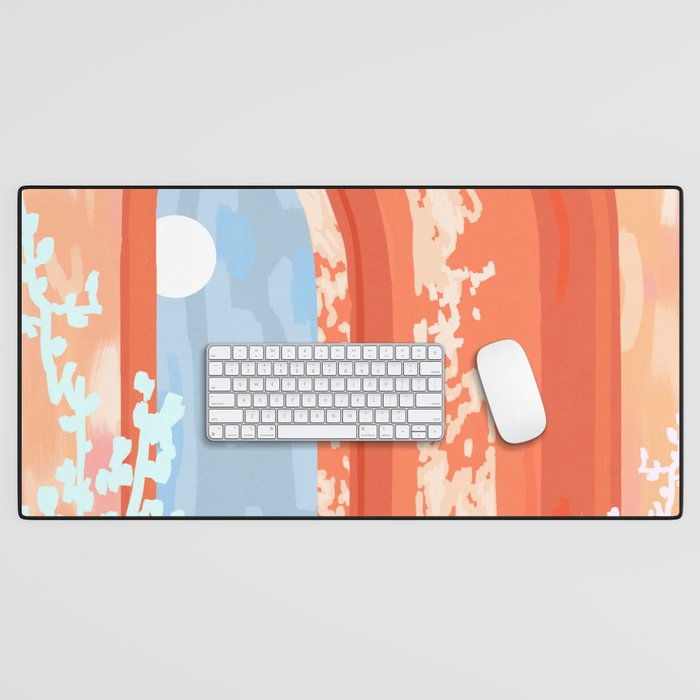 Moonlit, Summer Day Home Decor, Architecture Indoor Building Interior Design, Full Moon Bohemian Eclectic Bright, Mindful Spiritual Joy Painting Desk Mat Gallery Image 1