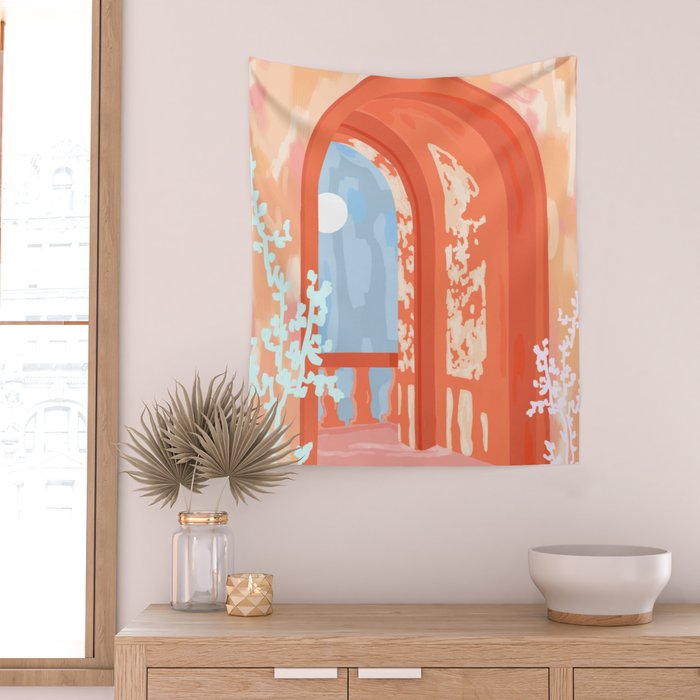 Moonlit, Summer Day Home Decor, Architecture Indoor Building Interior Design, Full Moon Bohemian Eclectic Bright, Mindful Spiritual Joy Painting Wall Tapestry Gallery Image 2