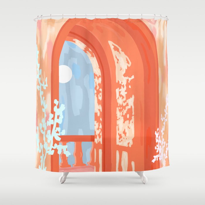 Moonlit, Summer Day Home Decor, Architecture Indoor Building Interior Design, Full Moon Bohemian Eclectic Bright, Mindful Spiritual Joy Painting Shower Curtain Gallery Image 1