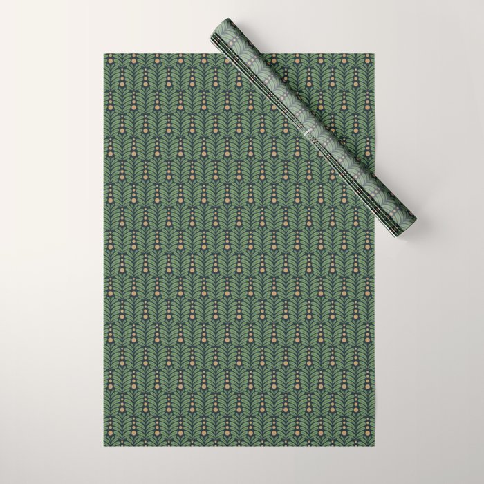 Green and Navy Botanical Scalloped Art Deco Pattern Wrapping Paper Gallery Image 1