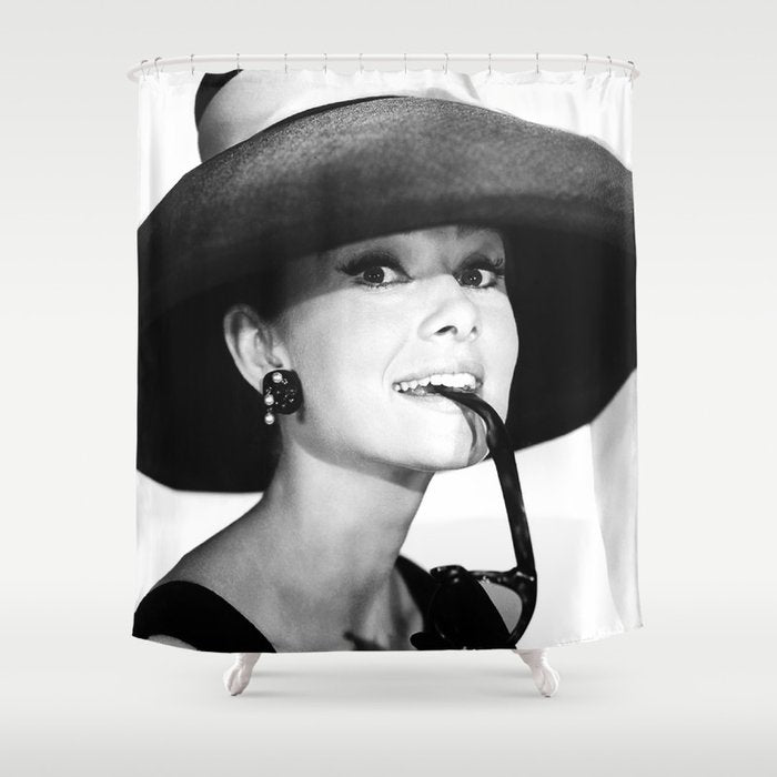 Audrey Hepburn Portrait, Black and White Vintage  Shower Curtain Gallery Image 1