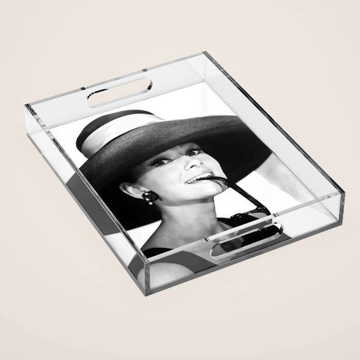 Audrey Hepburn Portrait, Black and White Vintage  Acrylic Tray Gallery Image 1