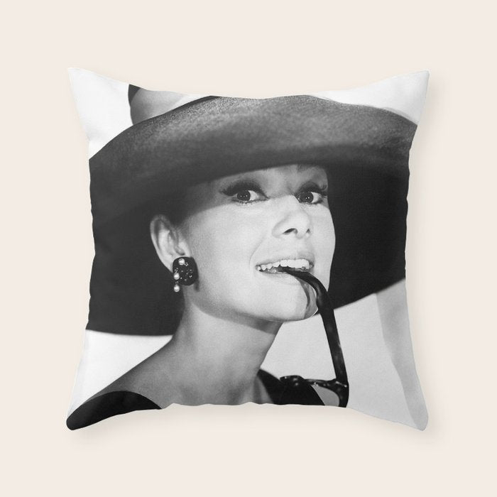 Audrey Hepburn Portrait, Black and White Vintage  Throw Pillow Gallery Image 6