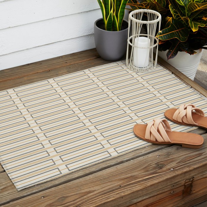 Minimalist Scandi Geometric Geo Box Striped Pattern in Cream Mustard Gold Charcoal Outdoor Rug Gallery Image 2