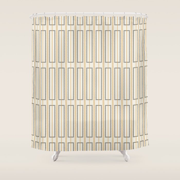 Minimalist Scandi Geometric Geo Box Striped Pattern in Cream Mustard Gold Charcoal Shower Curtain Gallery Image 1