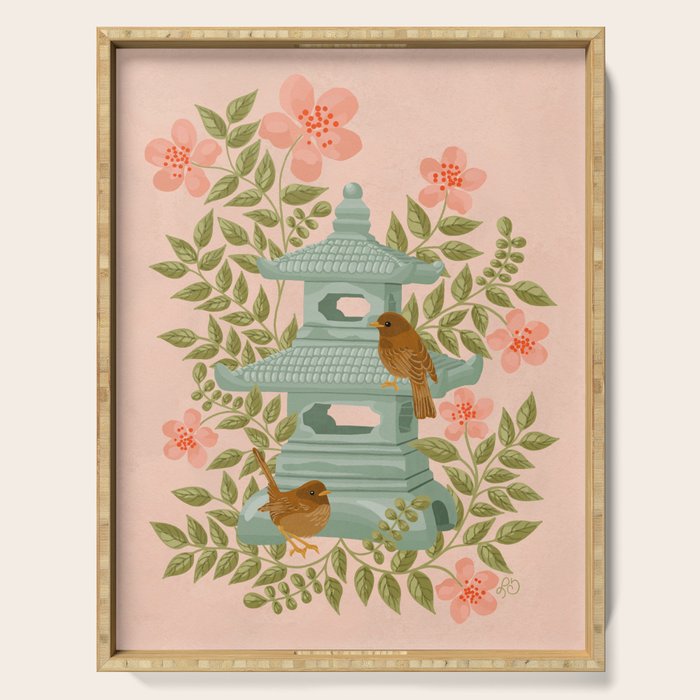 Serene Pagoda with Blossoms and Birds Serving Tray Gallery Image 1