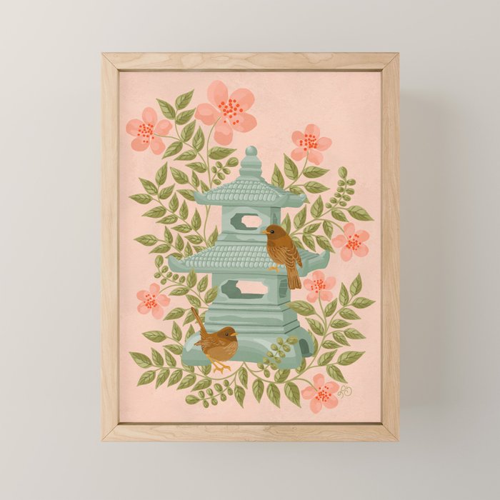 Serene Pagoda with Blossoms and Birds Mini Art Print Gallery Image 1