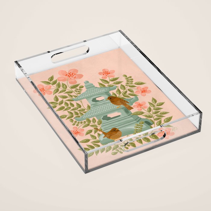 Serene Pagoda with Blossoms and Birds Acrylic Tray Gallery Image 1