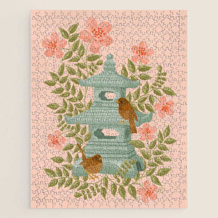 Serene Pagoda with Blossoms and Birds Jigsaw Puzzle Gallery Image 1