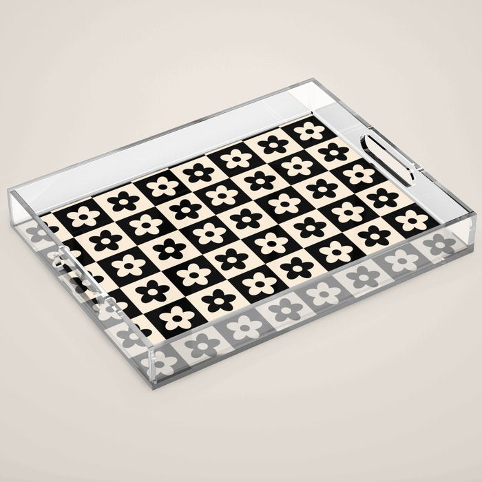 90s flowers checkers cream and black Acrylic Tray Gallery Image 1