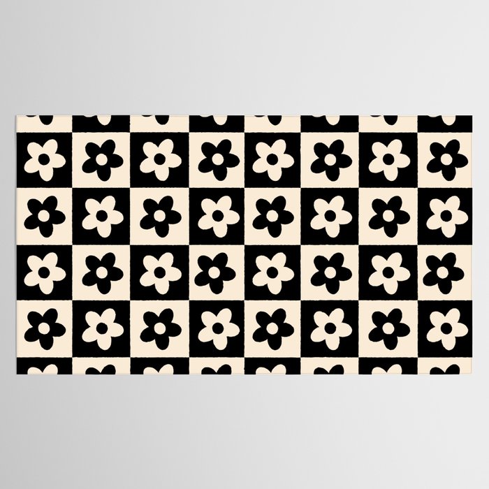 90s flowers checkers cream and black Tablecloth Gallery Image 2