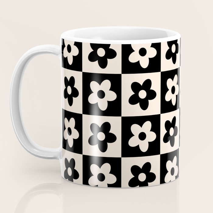 90s flowers checkers cream and black Coffee Mug Gallery Image 3