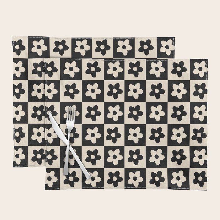 90s flowers checkers cream and black Placemat Gallery Image 1