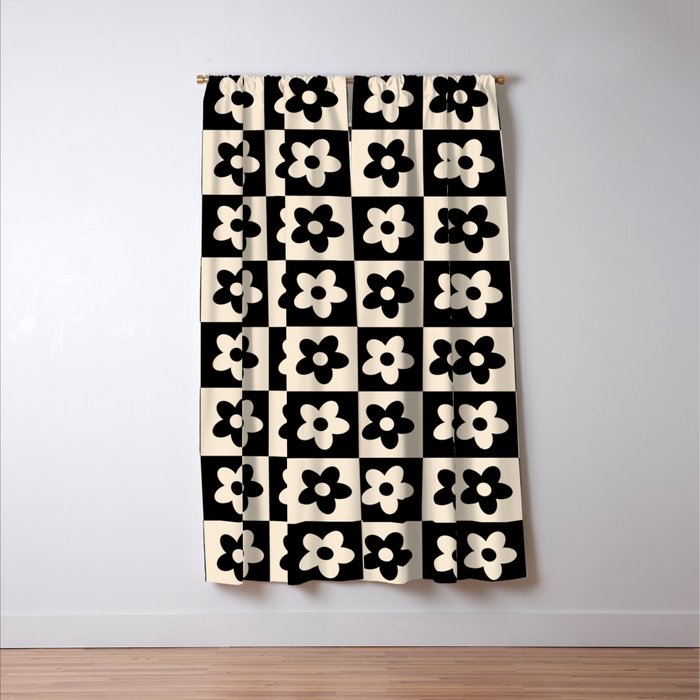 90s flowers checkers cream and black Window Curtain Gallery Image 3