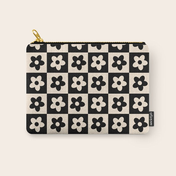 90s flowers checkers cream and black Carry All Pouch Gallery Image 1