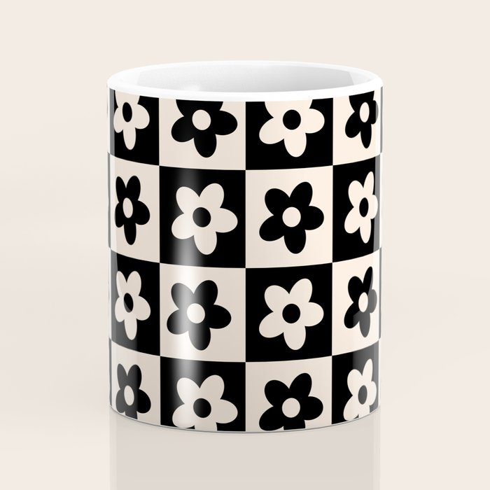 90s flowers checkers cream and black Coffee Mug Gallery Image 4