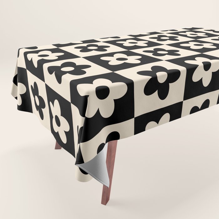 90s flowers checkers cream and black Tablecloth Gallery Image 1