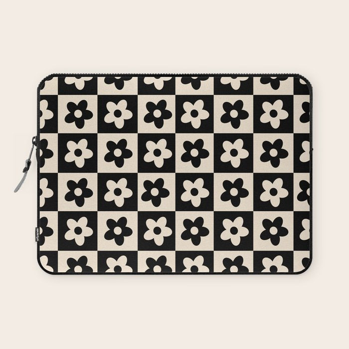 90s flowers checkers cream and black Laptop Sleeve Gallery Image 1