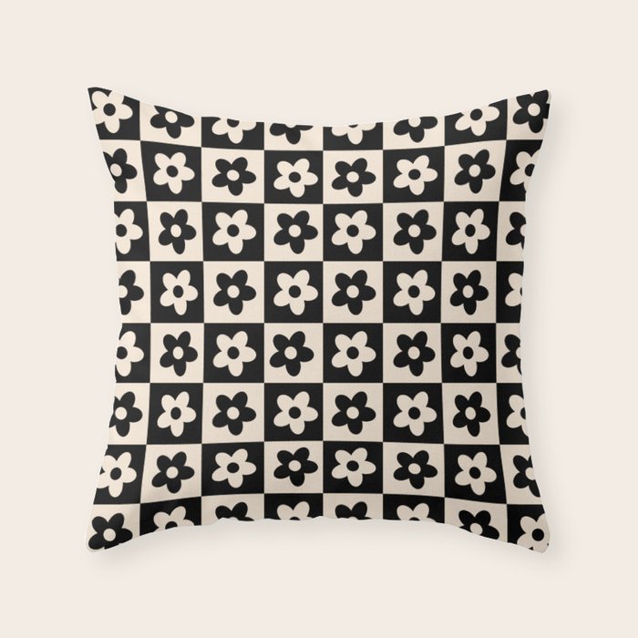 90s flowers checkers cream and black Throw Pillow Gallery Image 6
