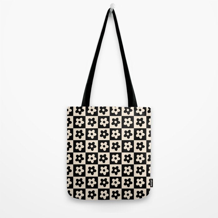 90s flowers checkers cream and black Tote Bag Gallery Image 2