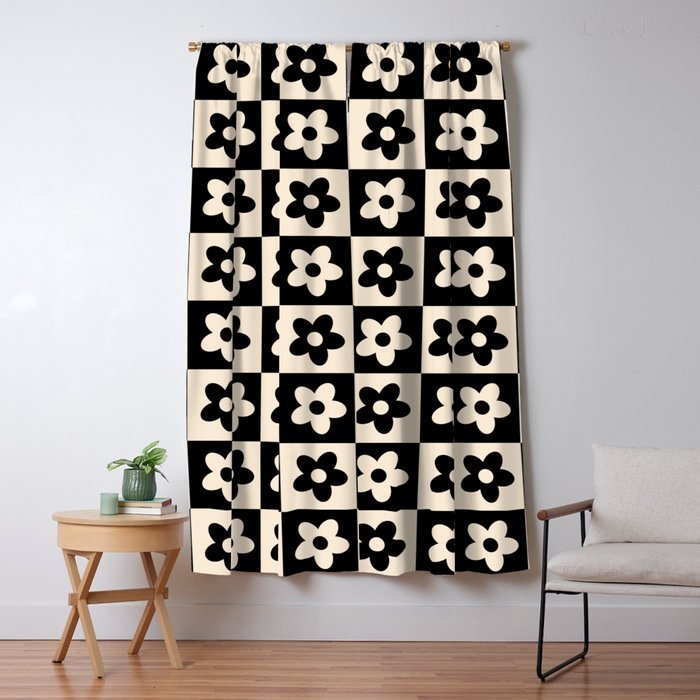 90s flowers checkers cream and black Window Curtain Gallery Image 1