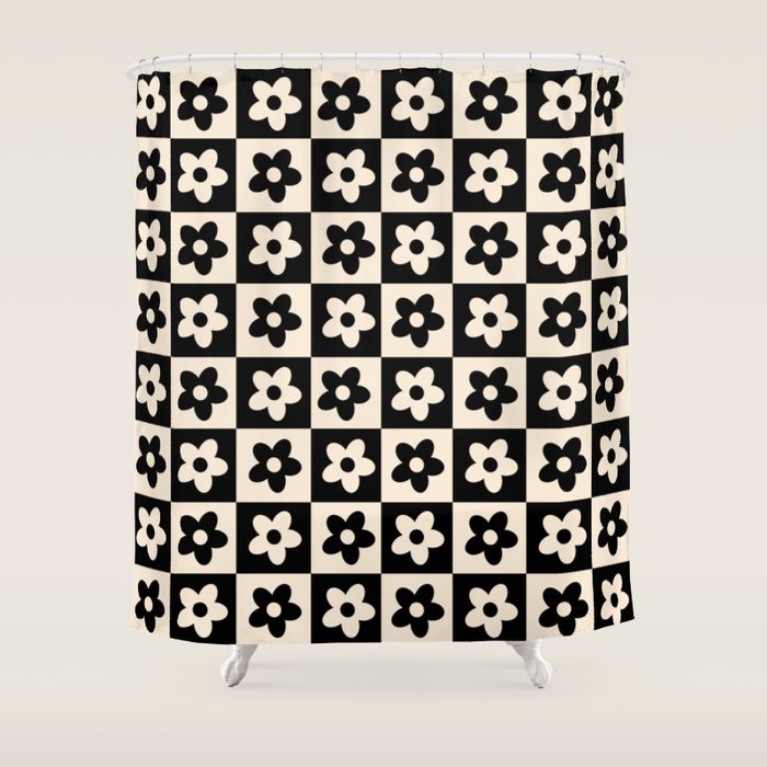 90s flowers checkers cream and black Shower Curtain Gallery Image 1