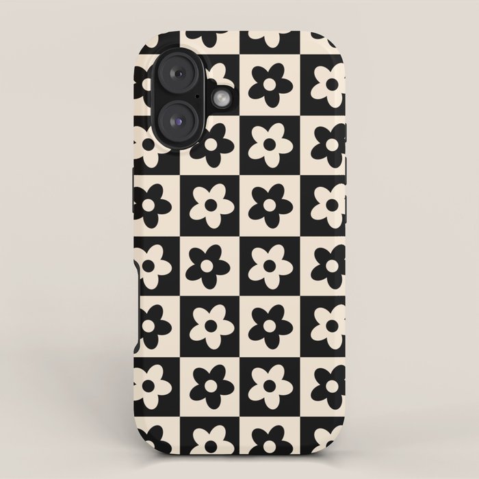 90s flowers checkers cream and black iPhone Case Gallery Image 1