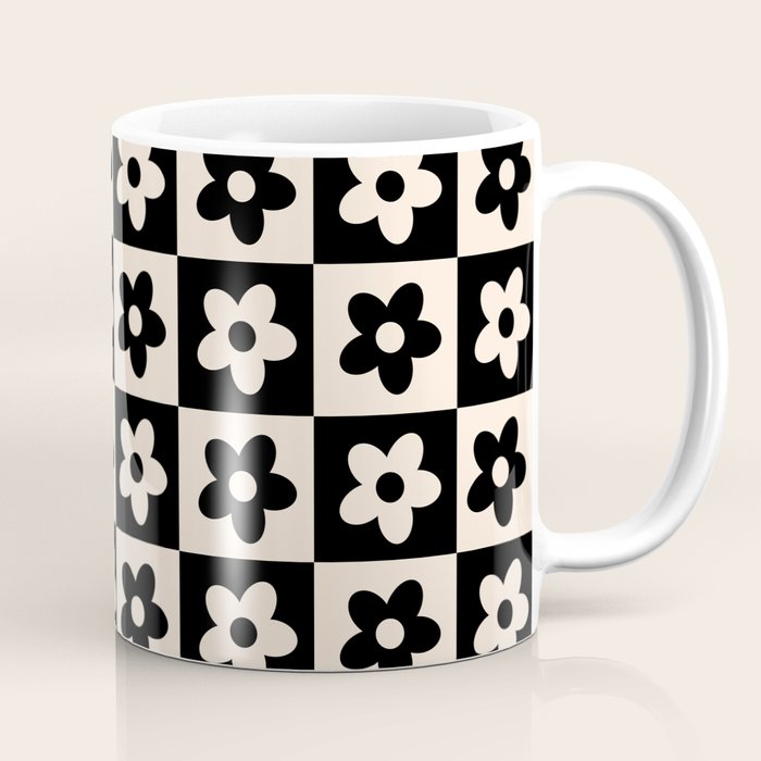 90s flowers checkers cream and black Coffee Mug Gallery Image 1
