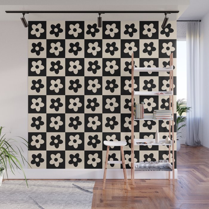 90s flowers checkers cream and black Wall Mural Gallery Image 1