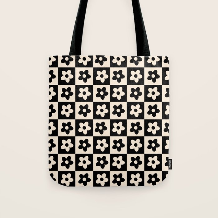 90s flowers checkers cream and black Tote Bag Gallery Image 1