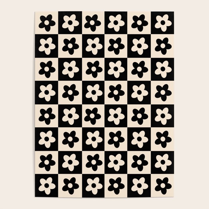 90s flowers checkers cream and black Poster Gallery Image 4